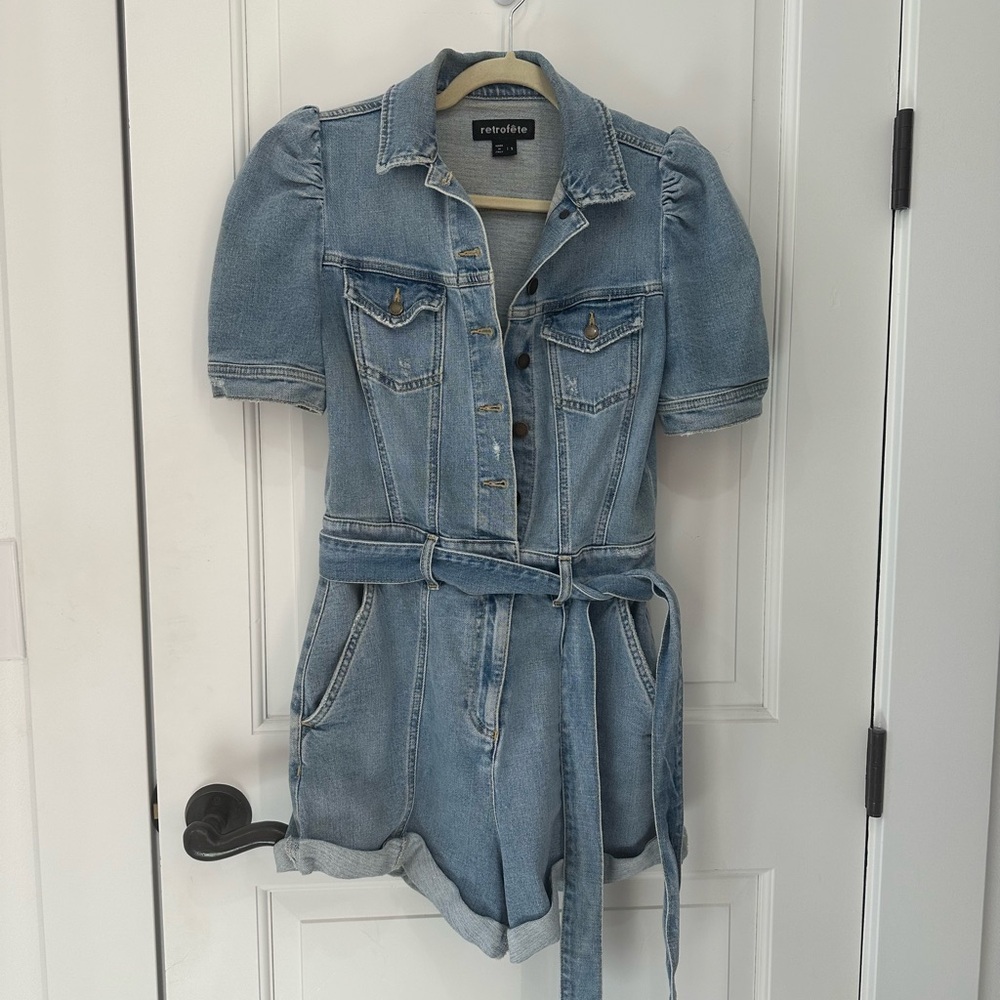 Retrofete Denim Puff Sleeve Romper Size S - Picture 2 of 6
